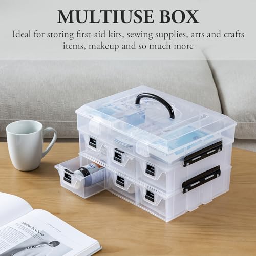 MyGift 11 Inch Clear Plastic Storage Box Container, Arts and Crafts Sewing Supplies Organizer Case with Black Accents, 24 Customizable Compartments, and 6 Drawers with Removable Dividers - color: Black