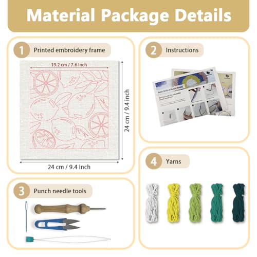 Doodlream Lemon DIY Punch Needle Embroidery Kit for Adult Beginner, 9.4" Lemon Punch Stitching Craft Set for Starter with Frame, Fabric Pattern, Threader, Yarn, Pinch Needle - color: Lemon
