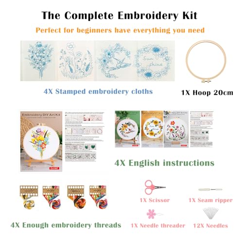 Vigdit 4 Pack Embroidery Kit for Beginners, Needlepoint Cross Stitch Kit for Adult Beginner, Easy DIY Hand Embroidery Starter Kit with Stamped Floral Pattern Embroidery Hoop Tools and Instruction