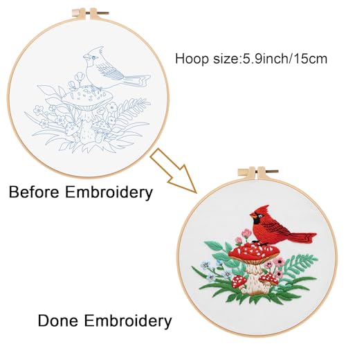 Louise Maelys Cardinal Mushroom Embroidery Kit for Beginners DIY Craft - color: Cardinal