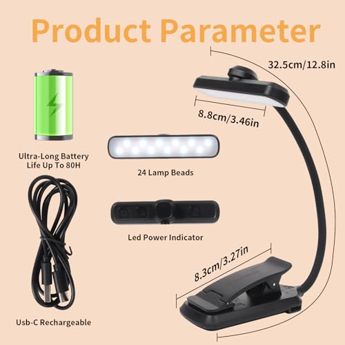 Rechargeable Book Light, Clip-On LED Reading Light, Eye-Caring - color: Black, size: Rotating