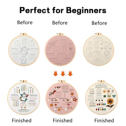JOINRUN Beginner Embroidery Kit for Adults, 3 Pack with Video Tutorial - color: Fox