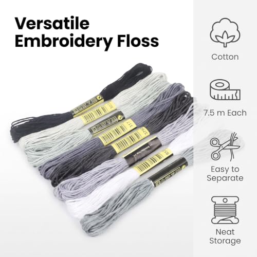 8Pcs 7.5m Multicolor Cotton Stitch Embroidery Thread Floss DIY Friendship Bracelets Floss Craft Sewing Skeins Grey Black White Fashion Embroidery Floss for Arts, Crafts and Sewing