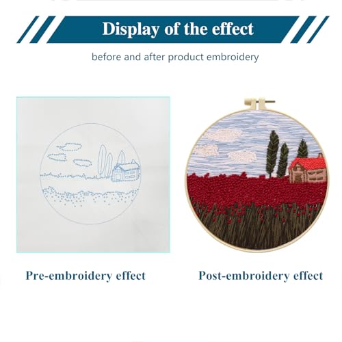 Zhenqing Red Flower Field Embroidery Kit for Beginners, Country Landscape Needlework Kit with Pre-Printed Fabric, Hoop, Threads & Tools, Cottage Wall Decor (S-CX0207) - color: Red Flower Field
