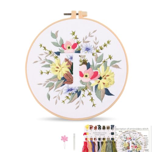 Harimau Letter Pattern T Embroidery Kit for Adult Beginners, Complete Starter Pack with 1 Hoop, Needles, Instruction Guide & Embroidery Stitch Video Tutorials - color: T