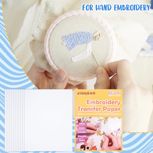 JIUHSHN Water Soluble Embroidery Stabilizer, 12 Sheets 8.5" x 11" Printable Self-Adhesive Stick and Stitch Transfer Paper, Wash-Away Embroidery Paper for Hand & Machine Embroidery