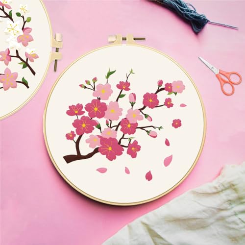 FREEBLOSS 5 Set 8'' Cherry Blossom Embroidery Kit Cross Stitch Kit with Stamped Cherry Pattern Cherry Embroidery Kit for Beginners Instructions Included Embroidery Starter Kit for Adults