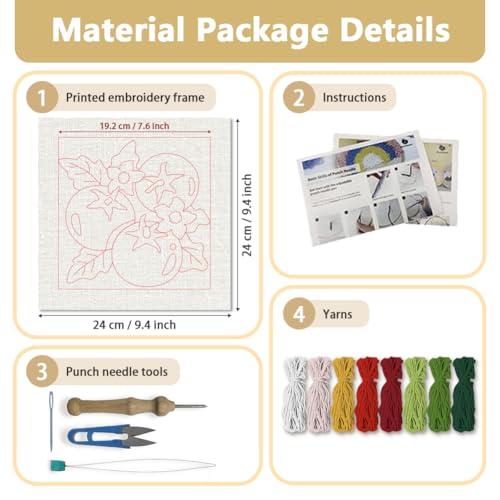 Doodlream Fresh Tomato Needle Kit for Beginner, 9.4"x 9.4" Color Vegetable Punch Stitching Craft Set, DIY Embroidery Starter with Printed Frame, Instruction, Threader, Yarn, Pinch Needle - color: Tomato