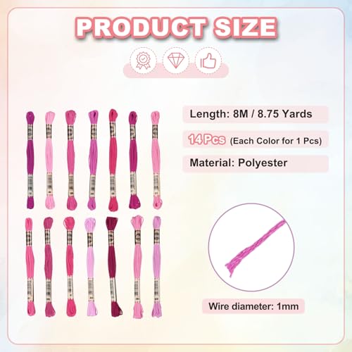 PATIKIL 14 Skeins Embroidery Floss Polyester Multicolored Deep Red Pink - color: Multicolored Deep Red Pink