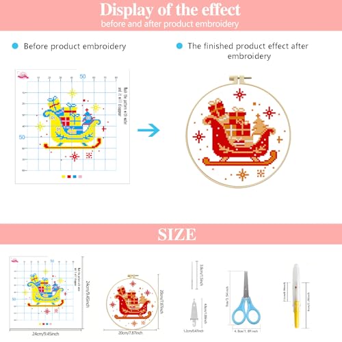Zhenqing Christmas Sleigh Gift Cross Stitch Kit with Hoop - 11CT Pre-Printed 24x24cm Fabric & Complete Tools for Beginners (68341) - style: Christmas Sleigh Gift