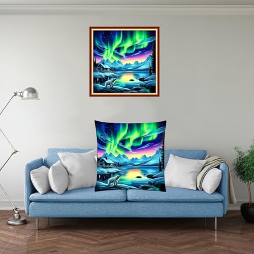Fanxvivy Stamped Cross Stitch Kits for Adults Beginners Pillow Needlepoint Kit with Embroidery Pattern Needlework Kit Prestamped Stitches Kit 11CT Cross Stitching-Northern Lights Bear 18x18 inch - color: Pre-pattern 45