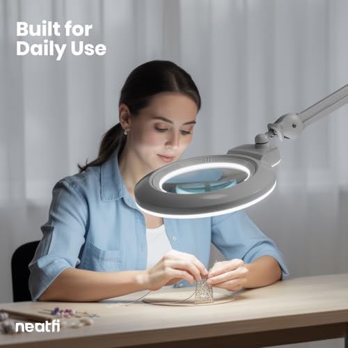 Neatfi XL Bifocal LED Magnifying Lamp, 7” Acrylic Lens, 2.25X/6X Magnification, 1,600 Lumens Dimmable | Hands-Free Close Work | Crafting, Jewelry & Reading (Silver, 7-inch Lens, Non-CCT with Clamp) - color: Silver, size: 7-inch Lens, Non-CCT with Clamp