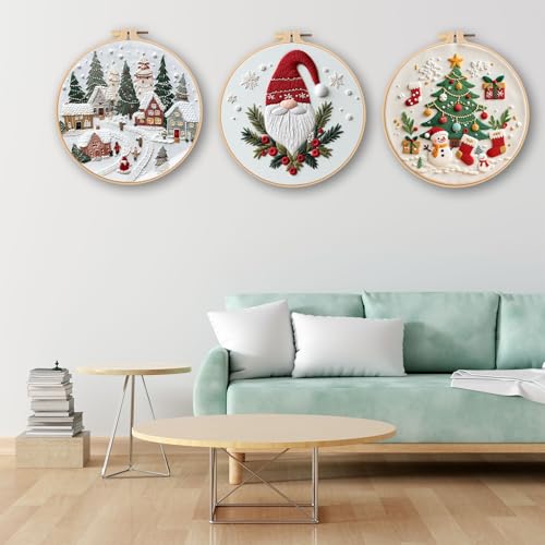 Ohcol 3 Sets Christmas Embroidery Kit,Cross Stitch Kits for Beginners,Needlepoint Kits for Adults with Easy Floral Pattern Hand Crafts,Hoop,Needle - color: Christmas