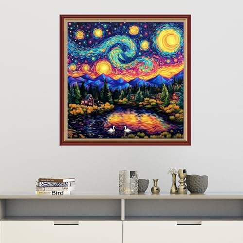 Dooxvey Cross Stitch Kits for Adults Beginners,Full Range of Cross-Stitch Stamped Kits Needlepoint Kits for Beginners Embroidery Kits 11CT Cross Stitch Patterns-Van Gogh's Starry Night Home 18x18 inch - color: Magicolor09