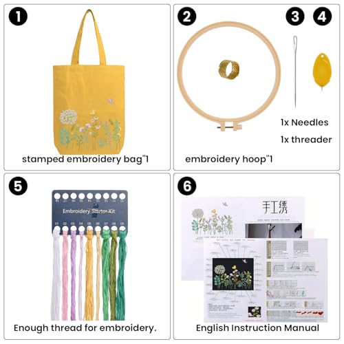 CREAWONDER Canvas Tote Bag Embroidery Kit with Pattern for Beginners, Arts and DIY Embroidery Crafts Kits for Adults, Include Instructions, Embroidery Hoops, Color Threads and Tool - color: CR002 banmeng yellow