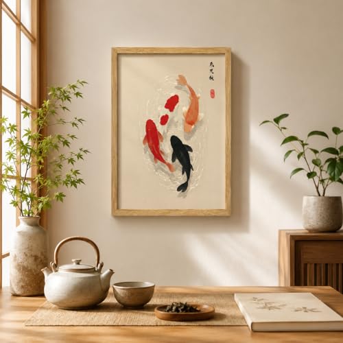 MBFBBD Japanese Koi Fish Framed Wall Art, Trendy Animal Aesthetic Print, Zen Vintage Koi Painting Picture Traditional Oriental Wall Decor for Living Room Meditation Room Bedroom 12x16in - color: Koi Fish, size: 16"L x 12"W
