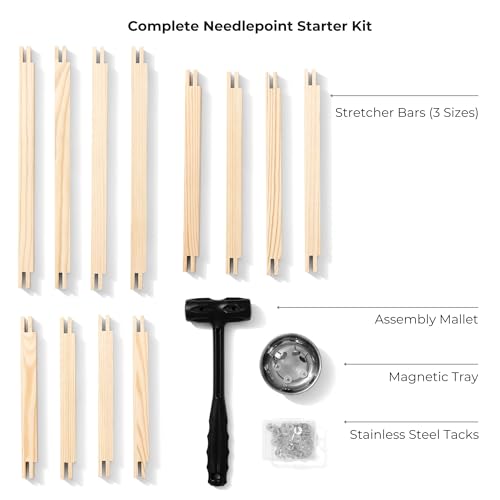Needlepoint Stretcher Bars Kit – 8", 10" & 12" Wooden Needlepoint Frame Set with Stainless Steel Tacks, Magnetic Tray & Assembly Mallet for Needlepoint & Embroidery