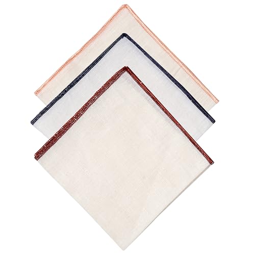 Natural Linen Pocket Squares, Embroidered Contrast Border 3 pcs, Off white - color: A6 (3-pack)
