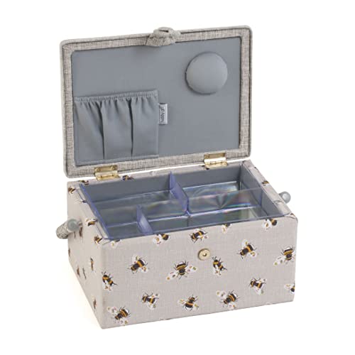 Hobby Gift Medium Sewing Box Organiser, Fabric Covered Storage Box with Handle, Internal Tray, Pin Cushion and Pocket for Sewing, Quilting and Knitting Supplies - color: Bee Happy