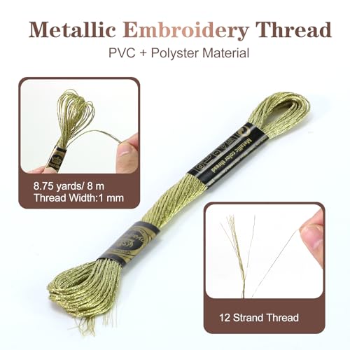 12 Skeins Embroidery Floss, Green Metallic Embroidery Thread Polyester Cross-Stitch Threads for Hand Embroidery String Art DIY Creation - color: Green