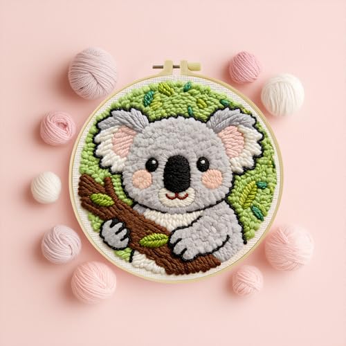 ZuoAnLF Punch Needle Kit for Beginner, Rug Yarn Hooking Beginner Kit with Instruction, Punch Needle Fabric with Pattern, Yarns, Embroidery Hoops for Punch Needle 20CM/9.8INCH (Koala) - color: koala