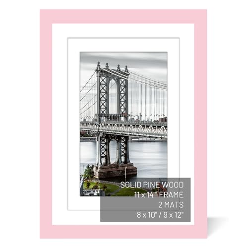 11x14 Solid Wood Picture Frames with Mat or without Mat for 9x12, 8x10, 11x14 - Wall Mounting or Table Top (Pink) - color: Pink, size: 11x14 inch