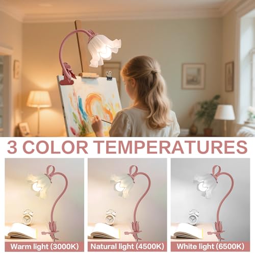 Clip On Light and Flower Bedside Table Lamp, Flexible Gooseneck Reading Book Light with 3 Color Modes, Night Light for Kids Nursery, Clip on for Desk, Bed Headboard, Dorm (Pink) - color: Pink