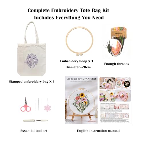 Vigdit Canvas Tote Bag Embroidery Kit for Beginners, Needlepoint Cross Stitch Kit for Adult Beginner, DIY Reusable Grocery Bags Embroidery Starter Kit with Stamped Floral Tools & Instructions - color: Flower2