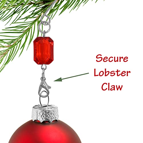 Christmas Ornament Hooks Set of 20 Red and Green Acrylic Jewel Hangers, Silver Wire Decorative Scroll S Hooks with Lobster Claws, 3 Inch Holiday Ornament Hangers for Christmas Tree Decorations