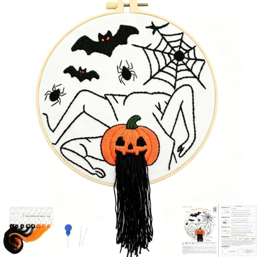 Halloween Embroidery Kits for Beginners Adults, Spooky Spider Bat Embroidery Kits, Stamped Cross Stitch Kits Needlepoint Kits for Adults Woman Halloween Gifts, Embroidery Hoop, Thread, Video Tutorial - color: H2076