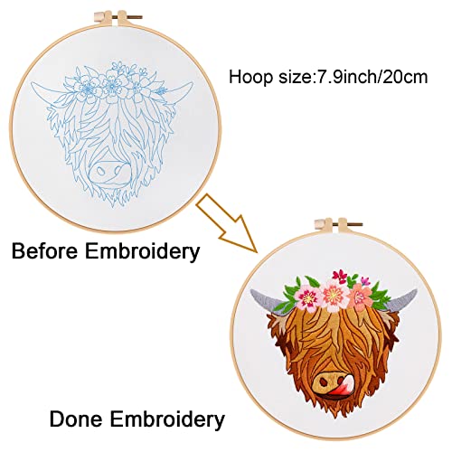 Louise Maelys Highland Cow Stamped Embroidery Kit Floral DIY Craft - color: kit-17