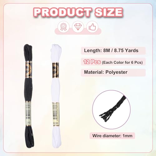 PATIKIL 12 Skeins Embroidery Floss Polyester Embroidery Threads Black/White - color: Black/White