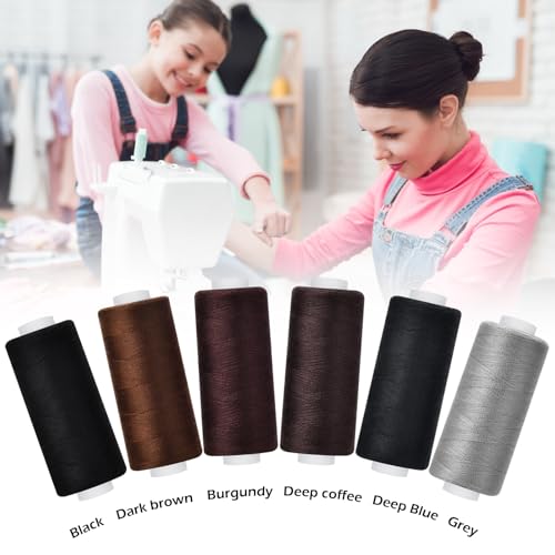 6 Pcs Polyester Thread Kit - 400 Yards Each Spool, Sewing Threads for Machine & Hand Stitching, Embroidery, Includes Sewing Needle & Threader - color: dark color