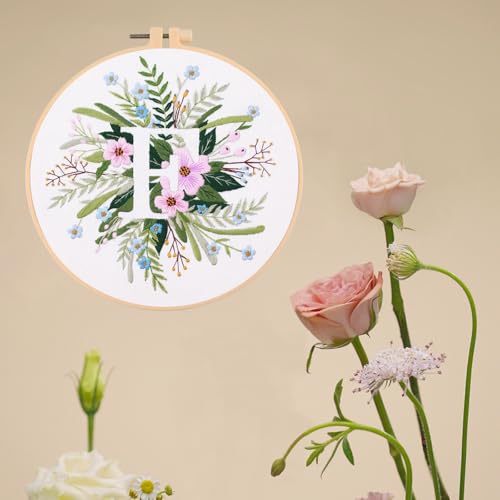 IUHUI Embroidery Kit for Beginners Adults - 26 Floral Letters Easy Patterns, DIY Hand Stitching Embroidery Set with Hoop (Flower and Grass Letter F) - color: Flower and Grass Letter F
