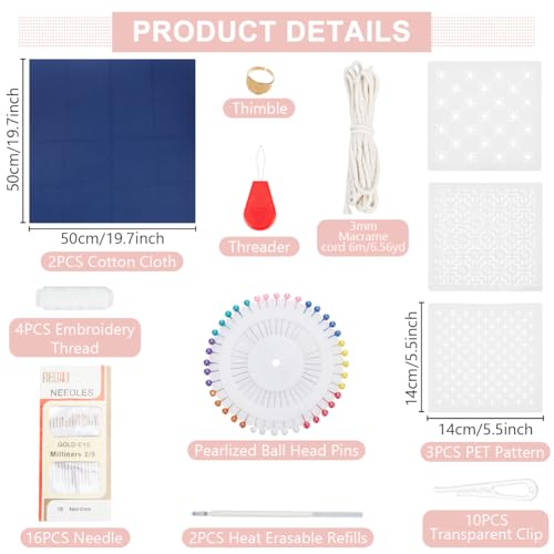 INFUNLY 3 Set Sashiko Drawstring Bag Kits Sashiko DIY Tote Bag Kit Flower Sashiko Fabric Kit for Beginners Make Your Own Tote Bag with Thread Needles Hand Sewing Set for Adults - style: Simple pattern