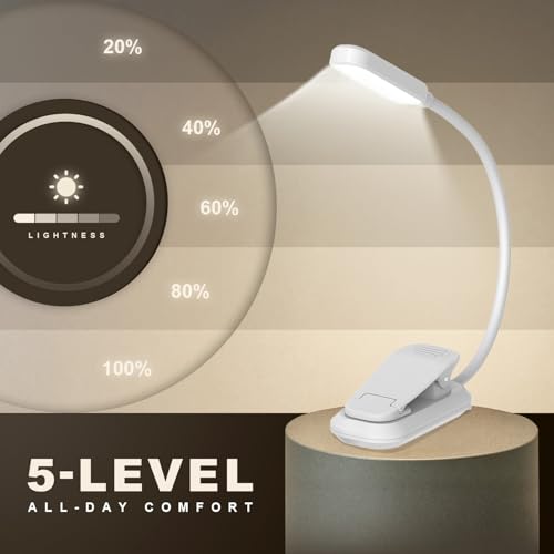 Rechargeable 20 LED Book Light for Reading in Bed | Energy Saving with Extended 60Hrs Runtime, 15-Level Stepless Dimming, Flexible Lightweight Clip on Light for Studying, Travel, White - color: M2-Clip Light-White