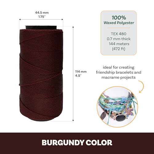 The Beadsmith Knot It Waxed Polyester Cord – Burgundy Color – 0.7mm Diameter – Light Wax, 144 Meters (472 Feet) Per Spool – Make Jewelry, Macrame, Friendship Bracelets and DIY Crafts - color: Burgundy