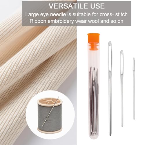 MovFlax Large Eye Blunt Sewing Needles, 15 Pcs Tapestry Darning Needle with Wooden Case and Storage Tube, Upholstery Needle Kits for Embroidery Knitting Weaving Stringing Crochet Project