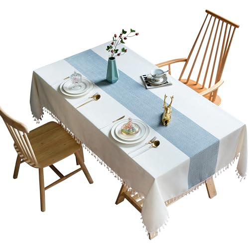 Oubonun Tablecloths for Rectangle Tables - color: Beige，blue Stripe, size: 86" x 55" (Rectangular)