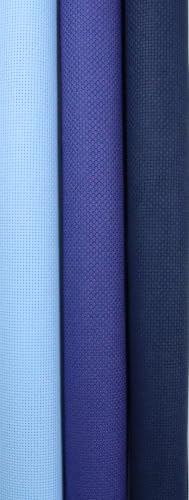 KCS 3 pc of 15" x 18"(38cmx45cm) 18 Count Cross Stitch Cotton Aida Cloth Needlework Rolled Fabric Box,18CT,Light Blue+Royal Blue+Navy Blue - color: Light Blue+royal Blue+navy Blue, size: 18CT