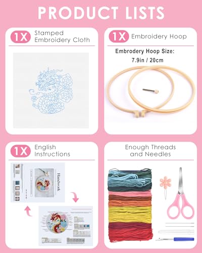 TINDTOP Embroidery Kit for Beginners Adult, Dragon Embroidery Kit for Beginners Include Embroidery Cloth Hoops Threads for Craft Lover Hand Stitch with Embroidery Skill Techniques - color: Dragon