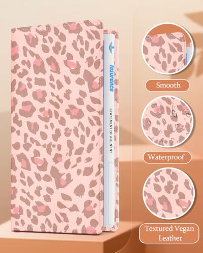 Slohif Car Registration and Insurance Holder with 2 Car Coasters, Elegant - color: Pink Leopard