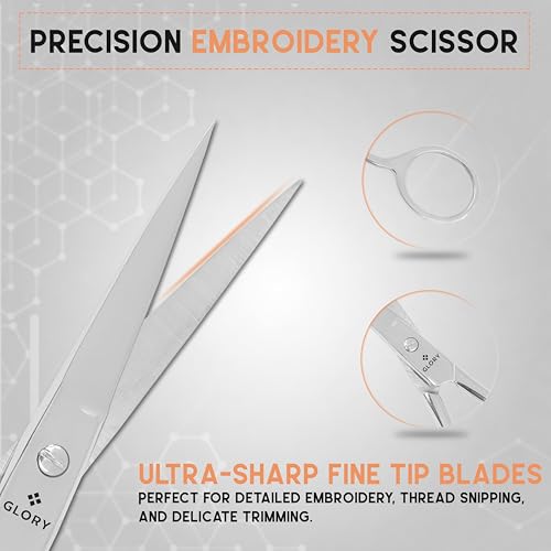 GLORY Small Precision Embroidery Scissors 3.75 Inch Sharp Pointed Tip Stainless Steel Shears for Sewing, Crafting & Needlework, Professional Grooming Scissors for Eyebrows, Eyelash & Facial Hair