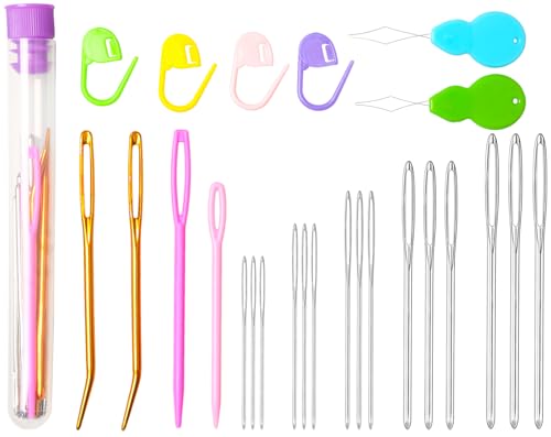 Hekisn 25Pcs Large Eye Blunt Yarn Needles Kit, Assorted Sizes Bent Tapestry Darning Needle & Stitch Markers &Threaers for Knitting, Crochet (Purple) - color: Purple