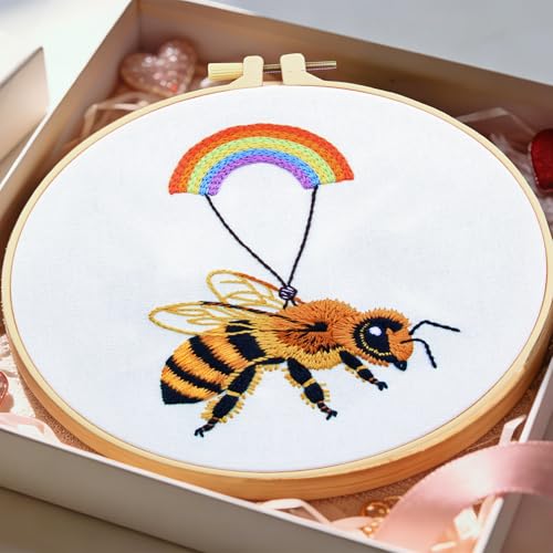 Crafmanoe Cute Bees Embroidery Kits for Beginners Adults, Hand Embroidery Starters Kits, Stamped Cross Stitch Kits DIY Needlepoint Kits for Beginners Adults, Embroidery Hoop, Thread and Video Tutorial - color: H2079