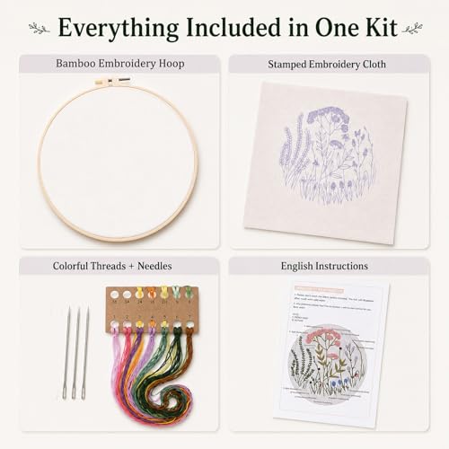 Drefund Embroidery Starter Kit for Beginners, Cross Stitch Kit Floral Pre-Stamped Pattern Kits for Adults with Hoop Embroidery Floss, Easy to Follow Needlework