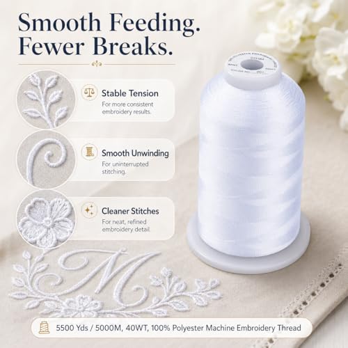 Simthread Embroidery Machine Thread 5000M 40WT Polyester, White 001 - color: White
