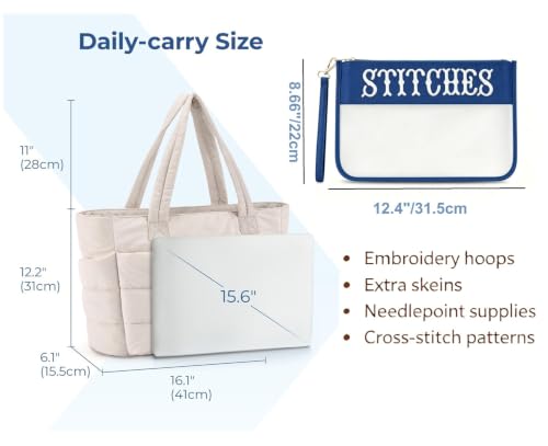 RF REENFAYA Needlepoint Tote Bag & Clear Zipper Pouch—Puffy Craft Organizer - color: Beige/Navy