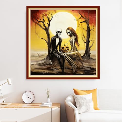 Disxvivy Cross Stitch Stamped Full Embroidery Kits DIY 11CT Cotton Thread Printed DIY Needlepoint Kits Craft Needlework Set Cross-Stitch Stamped Sets- Skeleton Couple 18x18 inch - color: Artstyle04