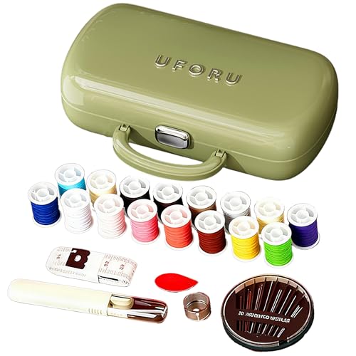 FKOG Retro Green Sewing Project Kit, 151 Pcs Sewing Kit with Portable Retro Hard-Shell Case, 18 Multicolor Thread Spools, Needles, Buttons, and Accessories (Used Green) - style: Used Green